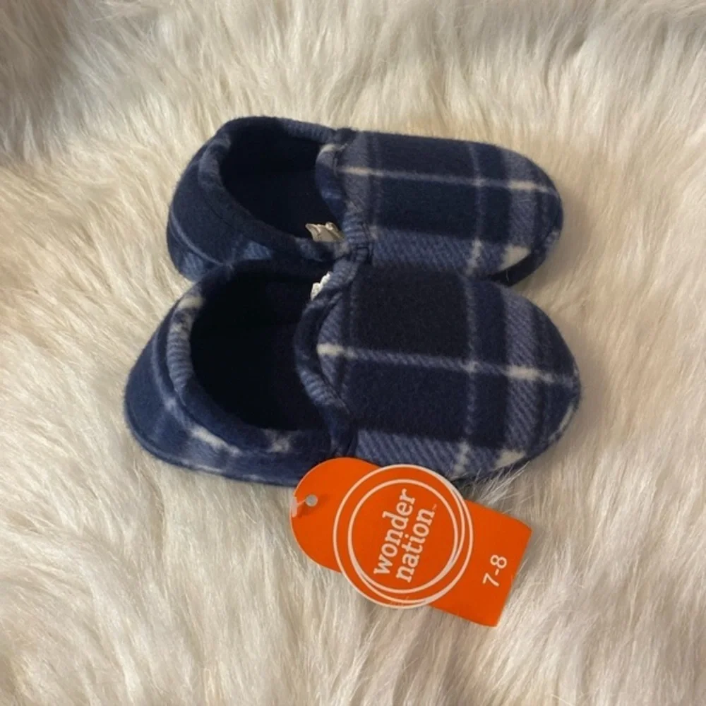 Wonder Nation Slippers Boys Size 7-8 Blue Plaid Slip‎ On Shoes NEW